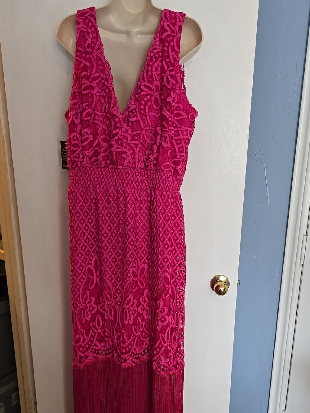 Boston Proper Very Berry Lace V-Neck Maxi Dress w Fringe Hem Sleeveless L NWT - Picture 8 of 11